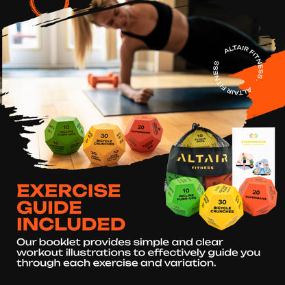 ALTAIR Fitness Dice - 3 12-Sided HIIT Workout Dice with 3 Levels of Difficulty for Adults, Teens & Kids, Motivational Accessories with Mesh Bag & Guide Book
