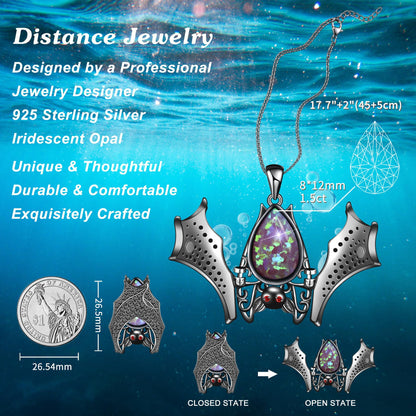 Distance Halloween Gifts Bat Necklace for Women, Pink Opal October Birthstone Pendant 925 Sterling Silver Necklace, Birthday Christmas Jewelry Gifts for Women/Wife/Girlfriend