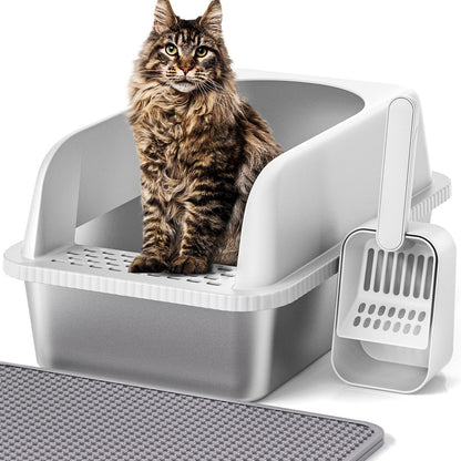 Henkelion Stainless Steel Cat Litter Box with Lid, 20" L x 14.2" W x 11.8" H, Extra Large Litter Box for Big Cats with High Sided, Anti-Urine Leakage, Easy Cleaning, Include Cat Mat and Scoop