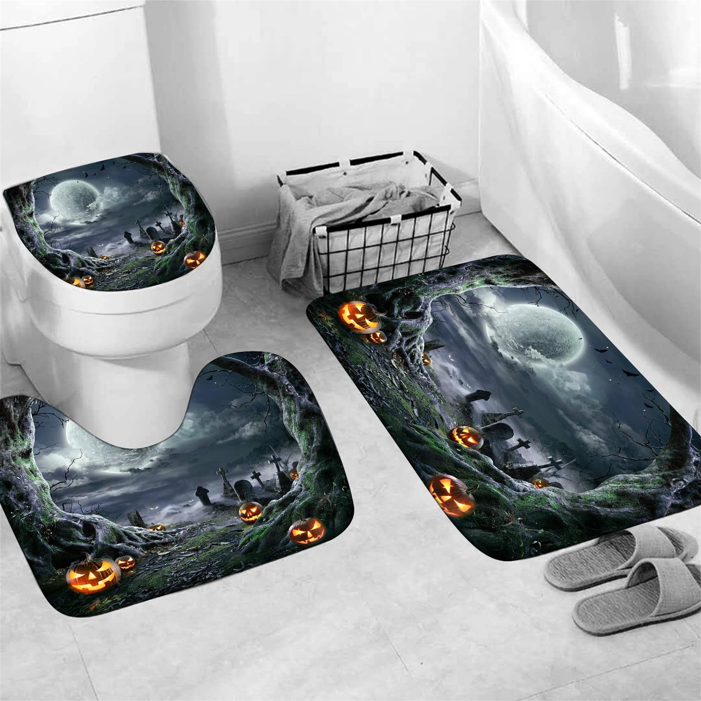 4PCS Halloween Shower Curtain Set with Non-Slip Rug, Toilet Lid Cover and Bath Mat, Moon Night Forest Pumpkin Shower Curtain with 12 Hooks, Waterproof Shower Curtain for Halloween Bathroom Decor
