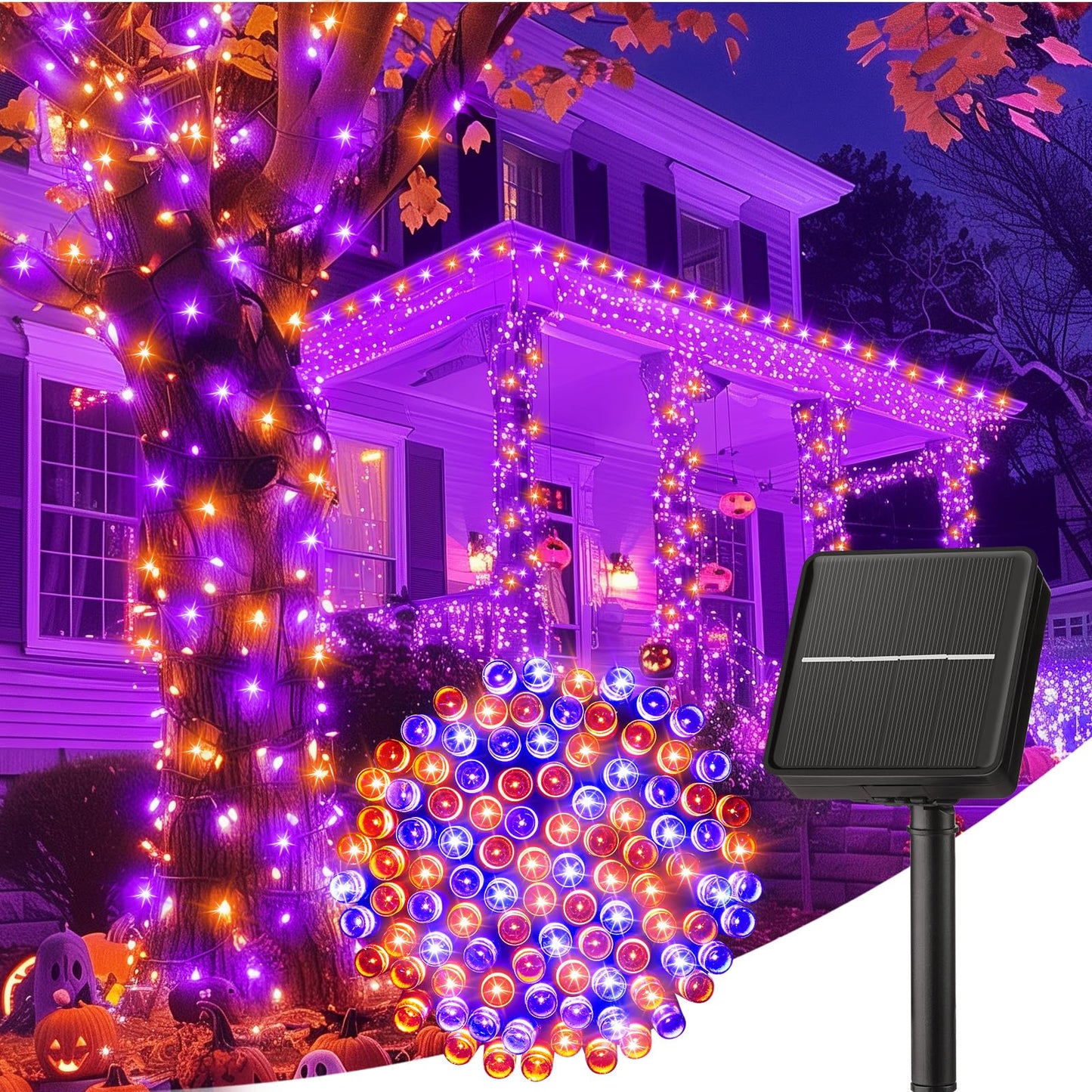 Minetom Solar Halloween Lights Outdoor, 40FT 100 LED Halloween String Lights with 8 Modes, Halloween Decoration Outdoor, Waterproof Solar String Lights for Outside Tree Yard Party, Orange & Purple
