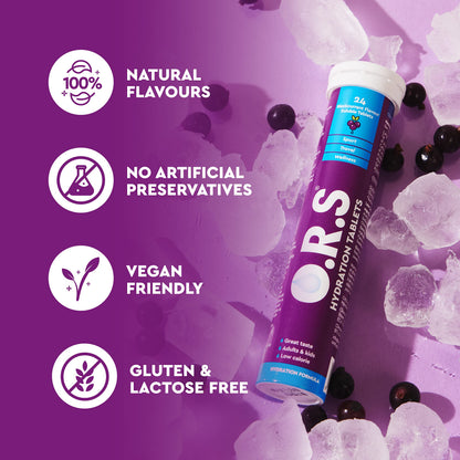 O.R.S Hydration Tablet with Electrolytes for Rehydration, Wellness, Travel, Sports & Recovery | Vegan, Gluten-Free & Low-Calorie Electrolyte Tablets with Natural Blackcurrant Flavour, 96 Tablets