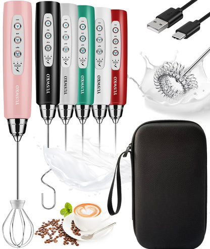 YUSWKO Black Handheld Milk Frother Wand for Coffee, Rechargeable Electric Whisk with 3 Heads 3 Speeds Drink Mixer Coffee Frother For Latte, Cappuccino, Hot Chocolate, Egg