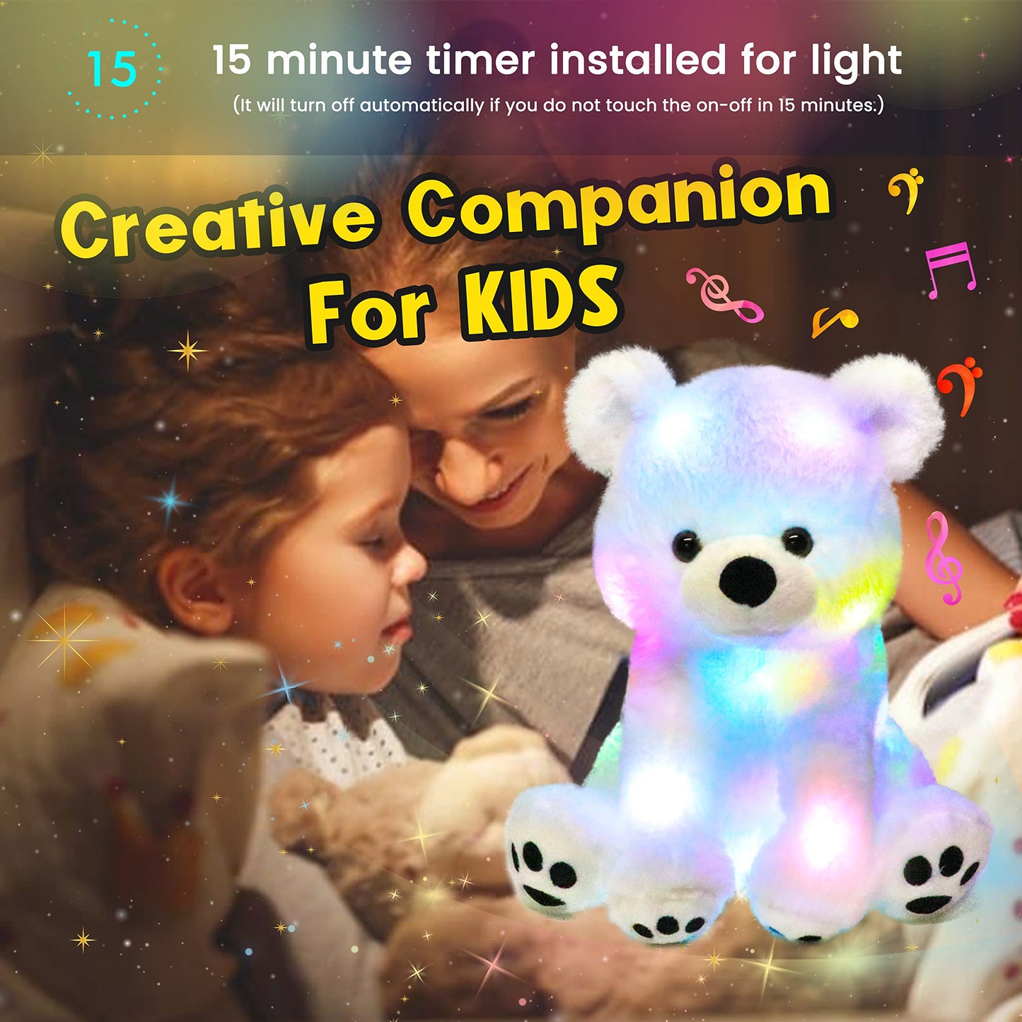 Hopearl LED Musical Stuffed Polar Bear Lighting Up Singing Plush Toy Adjustable Volume Lullaby Animated Soothe Birthday Festival for Kids Toddler Girls, White, 11''