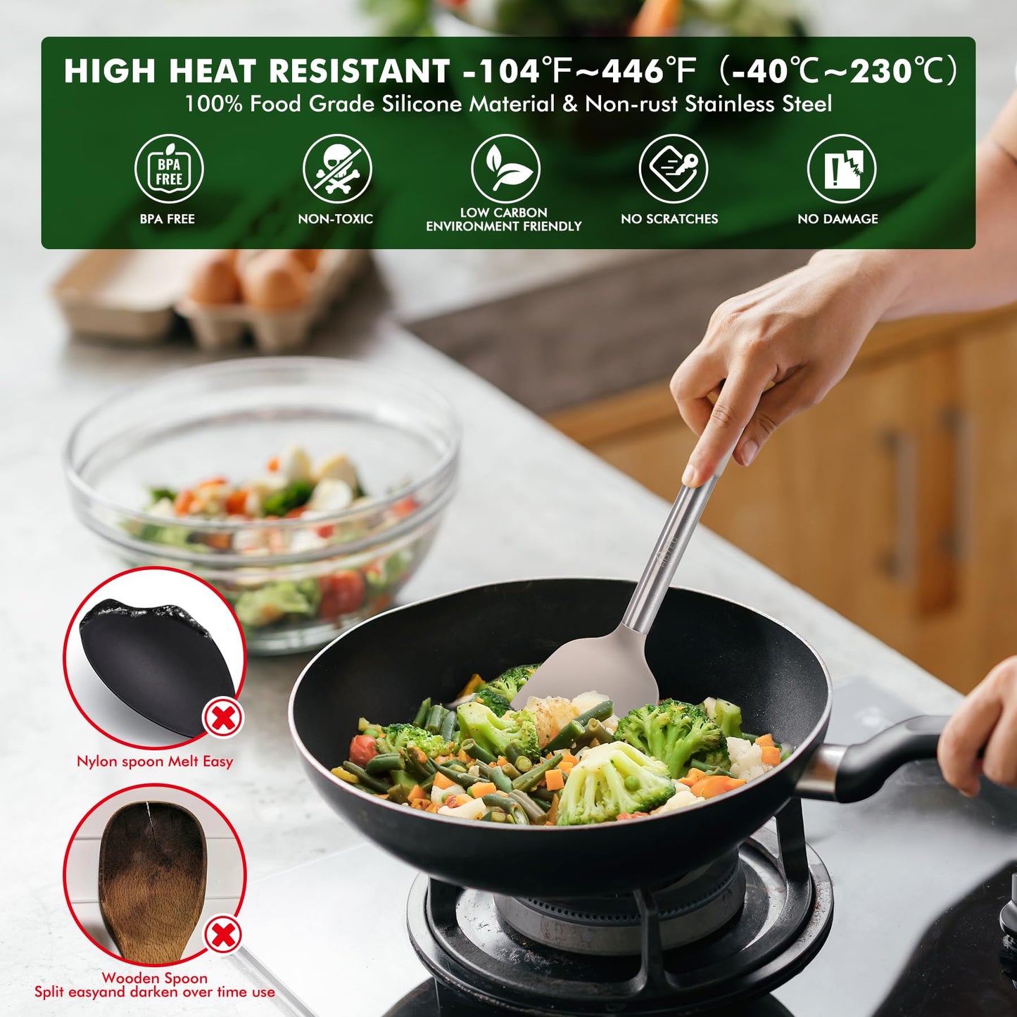 HOTEC 446°F Heat Resistant Silicone Kitchen Utensils, Cooking Utensil Set, Spatula Set, BPA Free, Kitchen Gadgets, With Stainless Steel Utensils Holder, Dishwasher Safe 14pcs Khaki