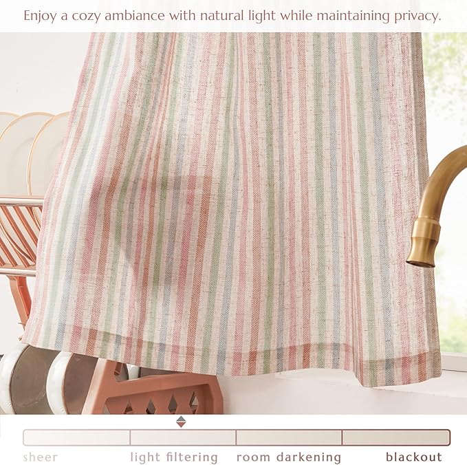 jinchan Striped Linen Kitchen Curtains 36 Inches Christmas Tier Curtains Farmhouse Modern Cafe Style Small Window Treatments Airy Light Filtering Rod Pocket for Living Room Bathroom 2 Panels Candy