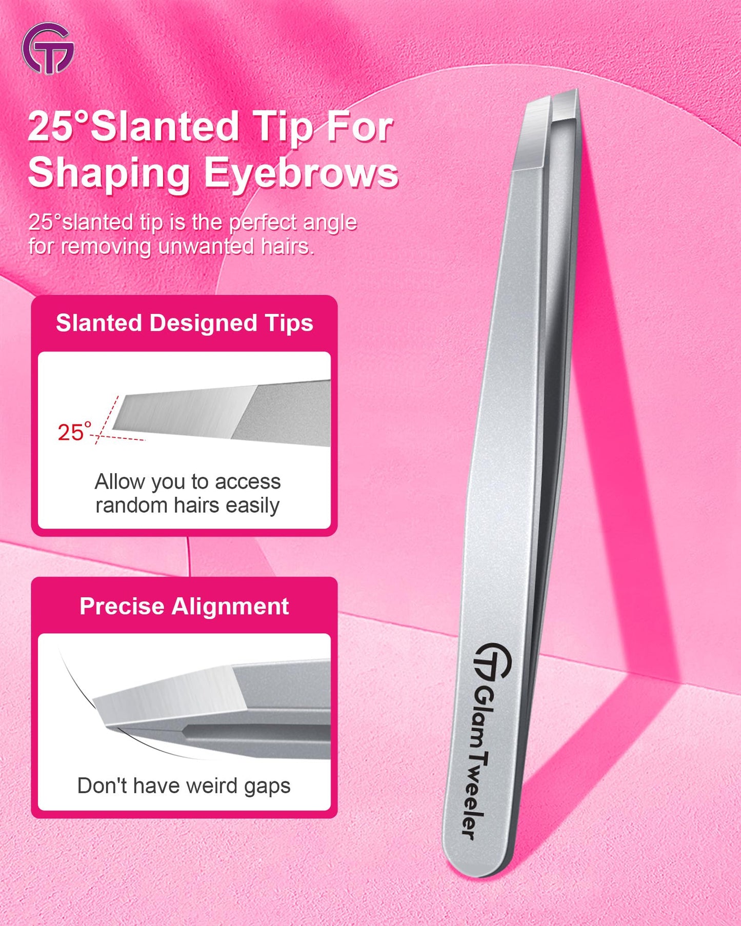 Expert Slant Tip Tweezers with Leather Case, GlamTweeler Sharp & Precision Stainless Steel Tweezer for Eyebrows, Facial Hair and Fine Hairs Removal (Silver)