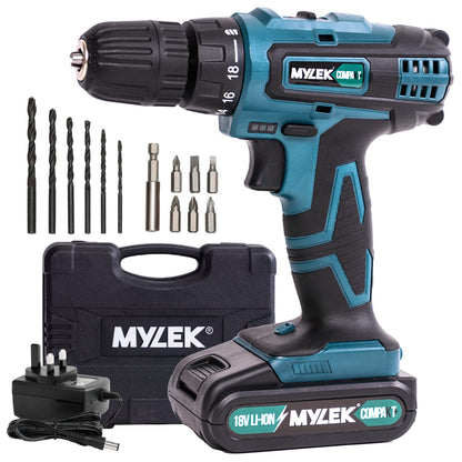MYLEK MY18BCM1 Cordless Drill 18V, 1500 mAh Li-Ion Driver 28Nm, 1 Hour Electric Quick Charge, 2 Speed, LED Work Light, Carry Case with Accessory Kit, Variable Speed & Quick Stop Function