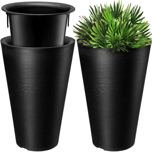 Sieral Set of 2 Tall Outdoor Planters 12 x 18 Inch Large Resin Outdoor Planters for Front Porch Flower Round Floor Decorative Indoor Pots with Drainage(Black)
