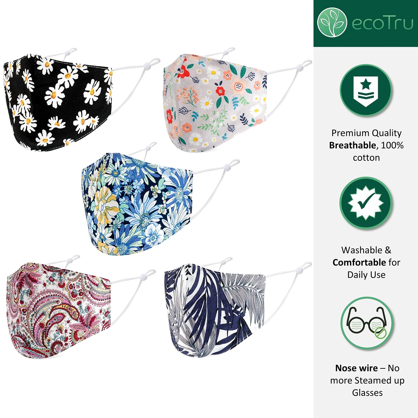 ecotru 5 Pack 100% Cotton, Reusable Face Masks UK | Washable, Nose Wire for Glass Wearers, 3-Ply Fabric Mask, Filter Pocket & Adjustable Straps | Pretty Facemask Coverings