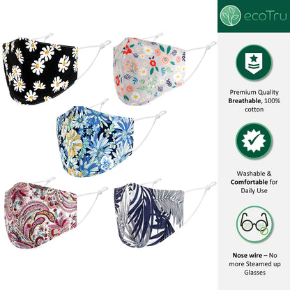 ecotru 5 Pack 100% Cotton, Reusable Face Masks UK | Washable, Nose Wire for Glass Wearers, 3-Ply Fabric Mask, Filter Pocket & Adjustable Straps | Pretty Facemask Coverings