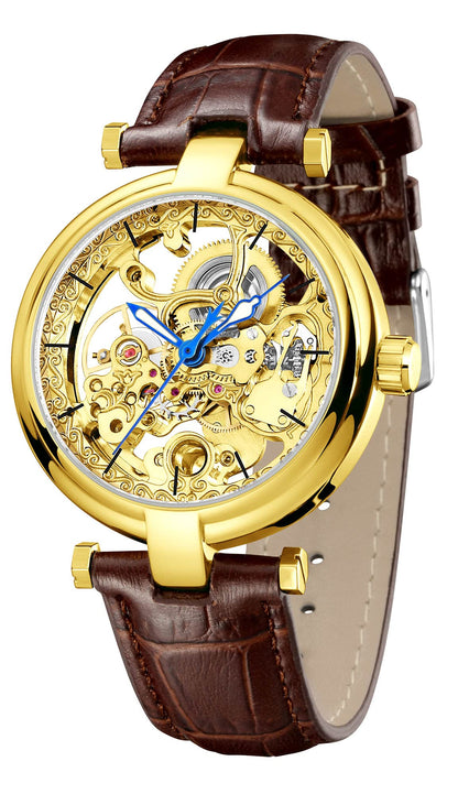 CARLIEN Skeleton Automatic Steampunk Watches Gold-Tone Luminous Hands Leather Strap Wrist-Watch (Gold)