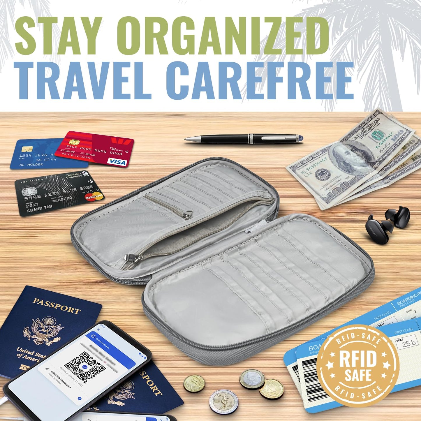 BOACAY Travel Document Organizer with RFID, Family Passport Holder, Wallet for Women & Men, Portable & Waterproof Case for Cards, Boarding Pass, Money