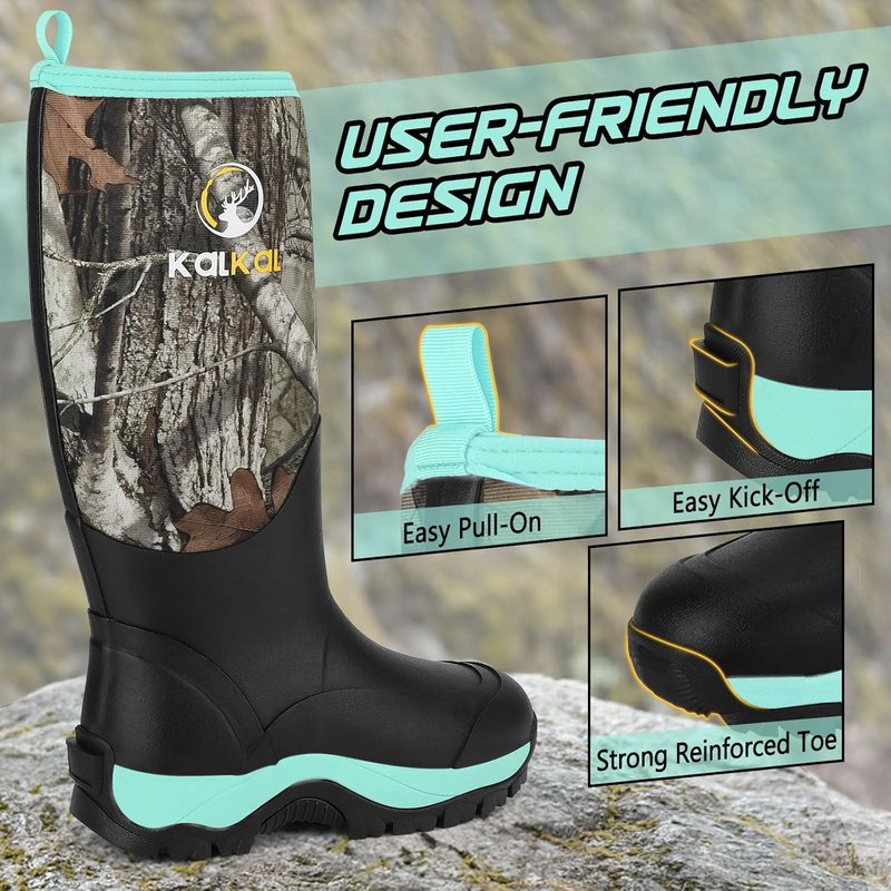 Kalkal Women's Insulated Waterproof Rubber Boots - 6mm Neoprene Camo Tall Rain Boots | Sizes 5-11