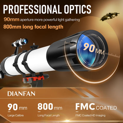 Dianfan Telescope,90mm Aperture 800mm Telescopes for Adults Astronomy,Portable Professional Refractor Telescope for Beginners,with Stainless Tripod & Phone Adapter,Carry Bag