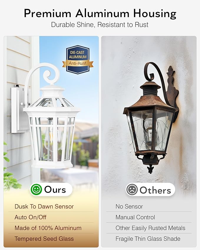 Outdoor Porch Lights, 2-pack White Outdoor Light Fixture Wall Mount, Dusk to Dawn Outdoor Sconce light, Anti-rust Exterior Wall Lantern with Glass Shade, Coach Lights for Garage, Patio, Balcony