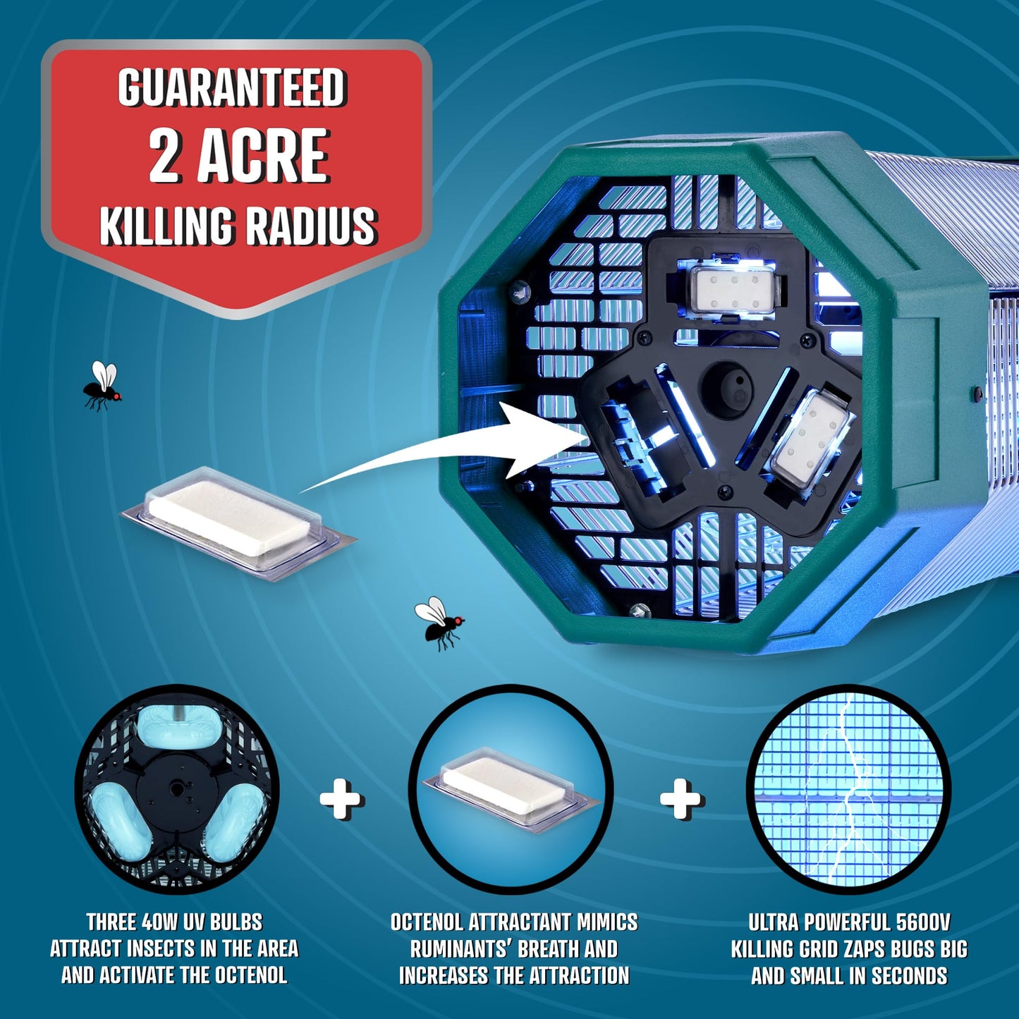 Flowtron Electric Bug Zapper 2 Acres Outdoor Insect Control with Dual Lure Method, 120W UV Light & Octenol Attractant for Fly & Mosquito, 5600V Kill Grid, Made in USA