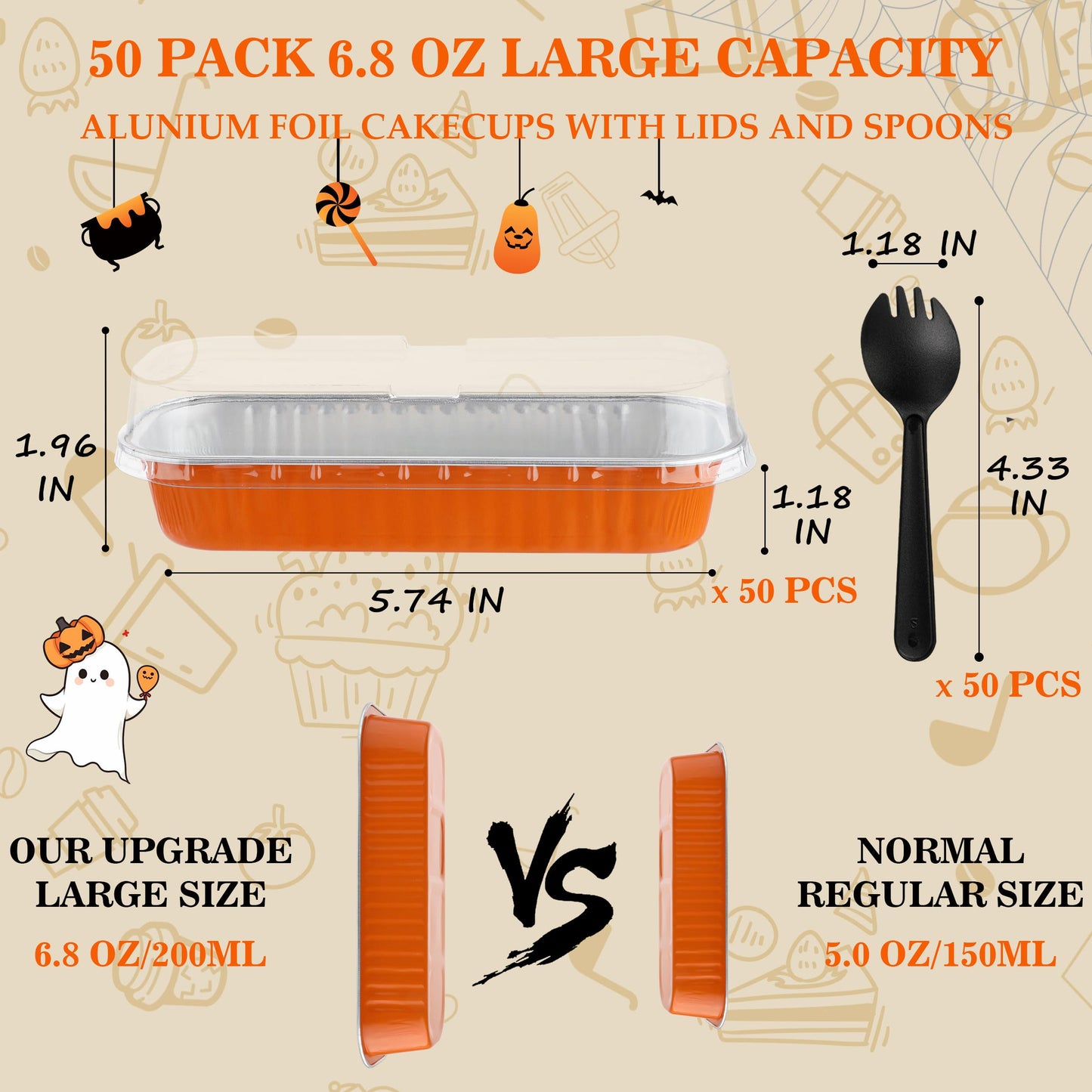 Mini Loaf Pans with Lids, BAKINGPAK 50PCS 6.8OZ 200ML Mini Cake Pans Disposable Aluminum Foil Cupcakes Pans with Lids for Halloween Party Birthday, Orange