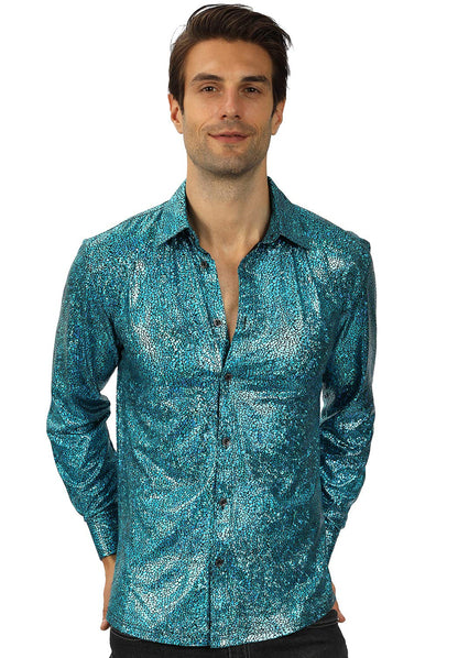 WULFUL Men Dress Shirt Sequins Long Sleeve Button Down Shirt Luxury Disco Party Nightclub Christmas Prom Costume