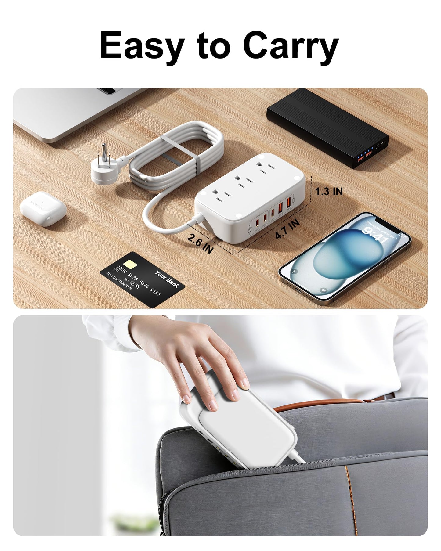 Portable USB Power Strip with 65W PD Fast Charging, 7-in-1 Flat Plug 3 USB-C 2 USB-A Ports 2500W AC Outlets, 175W Total Extension Cord for Home/Office/College/Travel (White)
