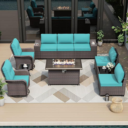 ALAULM 10 Pieces Patio Furniture Set with 2 Swivel Chairs Patio Furniture Outdoor Sectional Sofas with 55000 Gas Fire Pit Patio Conversation Set w/7 Cushions-Blue