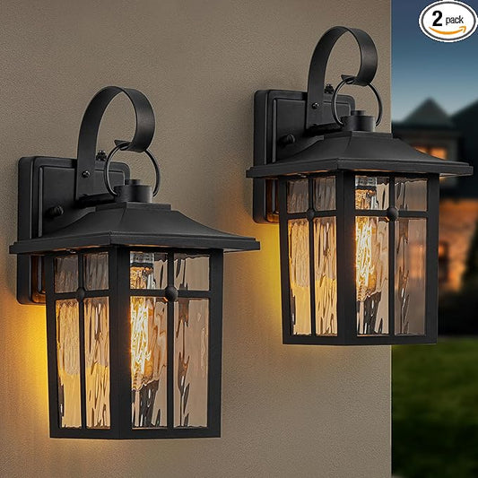 2 Pack Dusk to Dawn Outdoor Wall Lights, Aluminum Exterior Light Fixtures Wall Mount with Ripple Glass, Waterproof Black Porch Lights, Outside Wall Lantern for Entryway, Garage, Patio