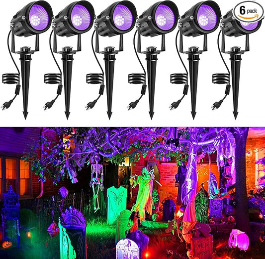Halloween Outdoor Black Light Spotlight, LED Black Lights Waterproof Landscape Lights with US Plug for Glow Party Body Paint Fluorescent Poster Stage Lighting Yard Garden Decoration(6 Pack)