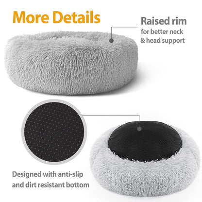 Enjamoy Plush Donut Dog Bed, Calming Round Dog Cat Bed Soft and Fluffy Cuddler Pet Cushion Self-Warming Puppy Beds Machine Washable, Grey 50cm