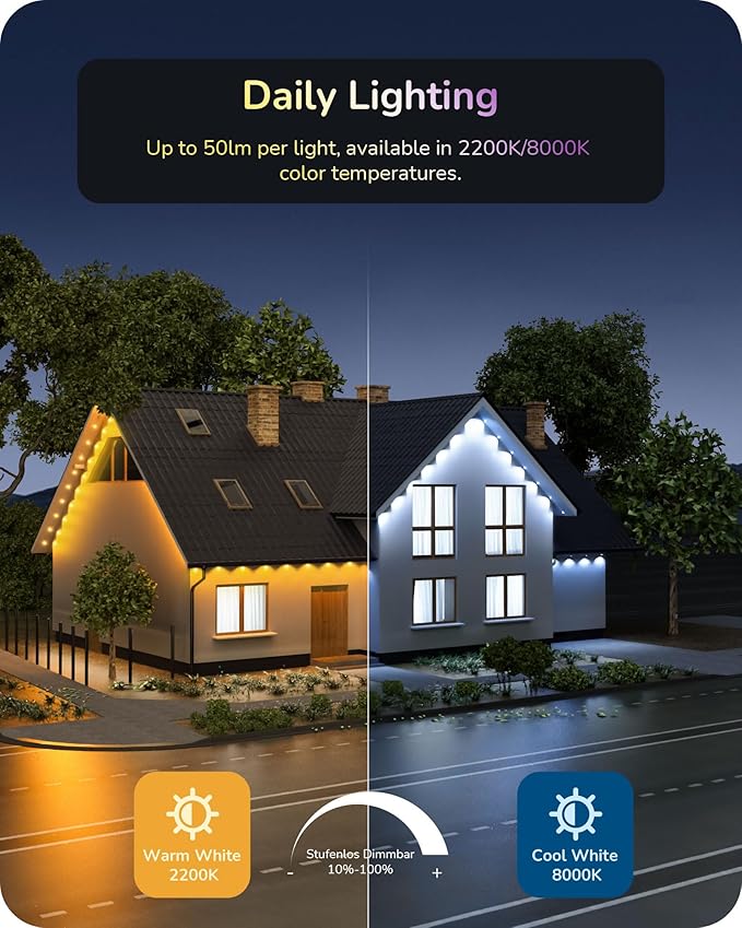 EDISHINE 120ft Permanent Outdoor Christmas Lights, 80 LED RGB+IC+Warm/Cool White Eave Light, App/Remote Control, IP67 Waterproof 50 Scene Modes for House and Daily Decor, Alexa Google Enable