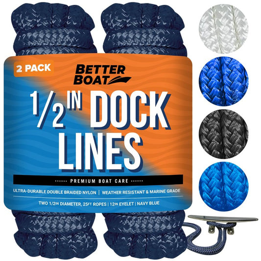Dock Lines for Boats 1/2" x 25ft, 2 Pack Double Braided Nylon Boat Rope with 12" Loop, Marine Grade Mooring Line for Docking, Navy - Better Boat