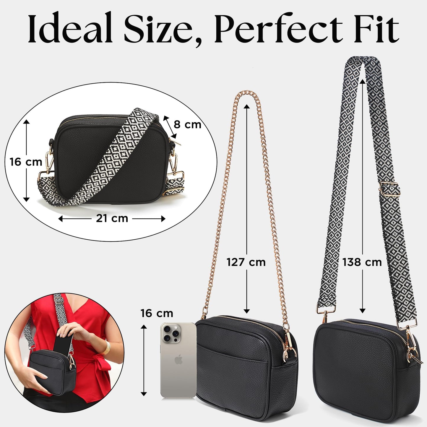 Lily England Cross Body Bag Women - Multiple Pockets - Adjustable Wide Strap and Chain - Black Handbag Crossbody - Over the Shoulder Bag