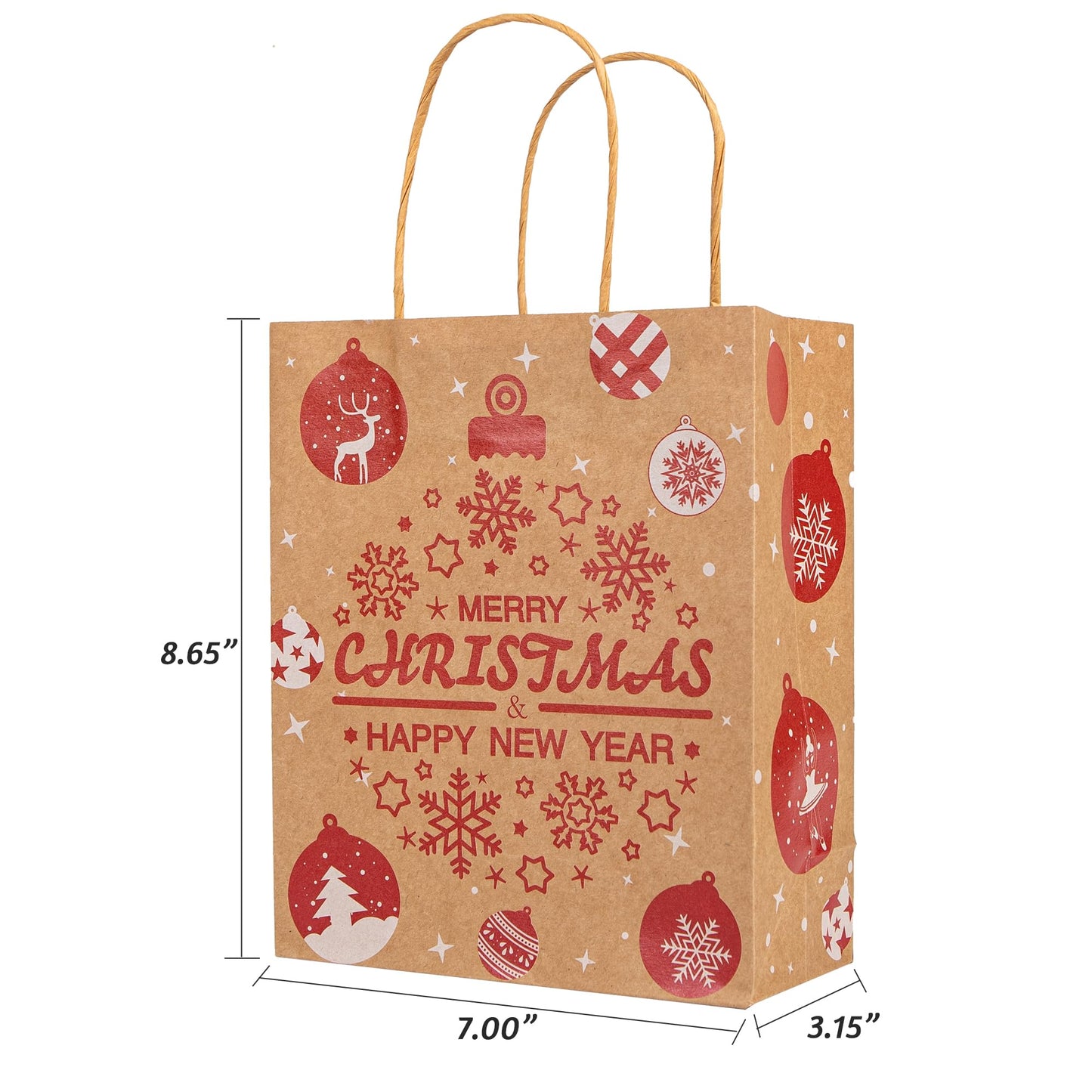24 Christmas Kraft Gift Bags with 24 Tissue Papers, 7 x 8.6 x 3 Holiday Goody Bags with Handles, Xmas Treat Bags for Party Favors, Classroom Exchange, Present Wrapping