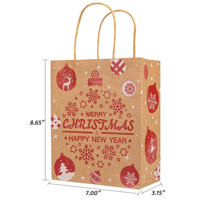 24 Christmas Kraft Gift Bags with 24 Tissue Papers, 7 x 8.6 x 3 Holiday Goody Bags with Handles, Xmas Treat Bags for Party Favors, Classroom Exchange, Present Wrapping