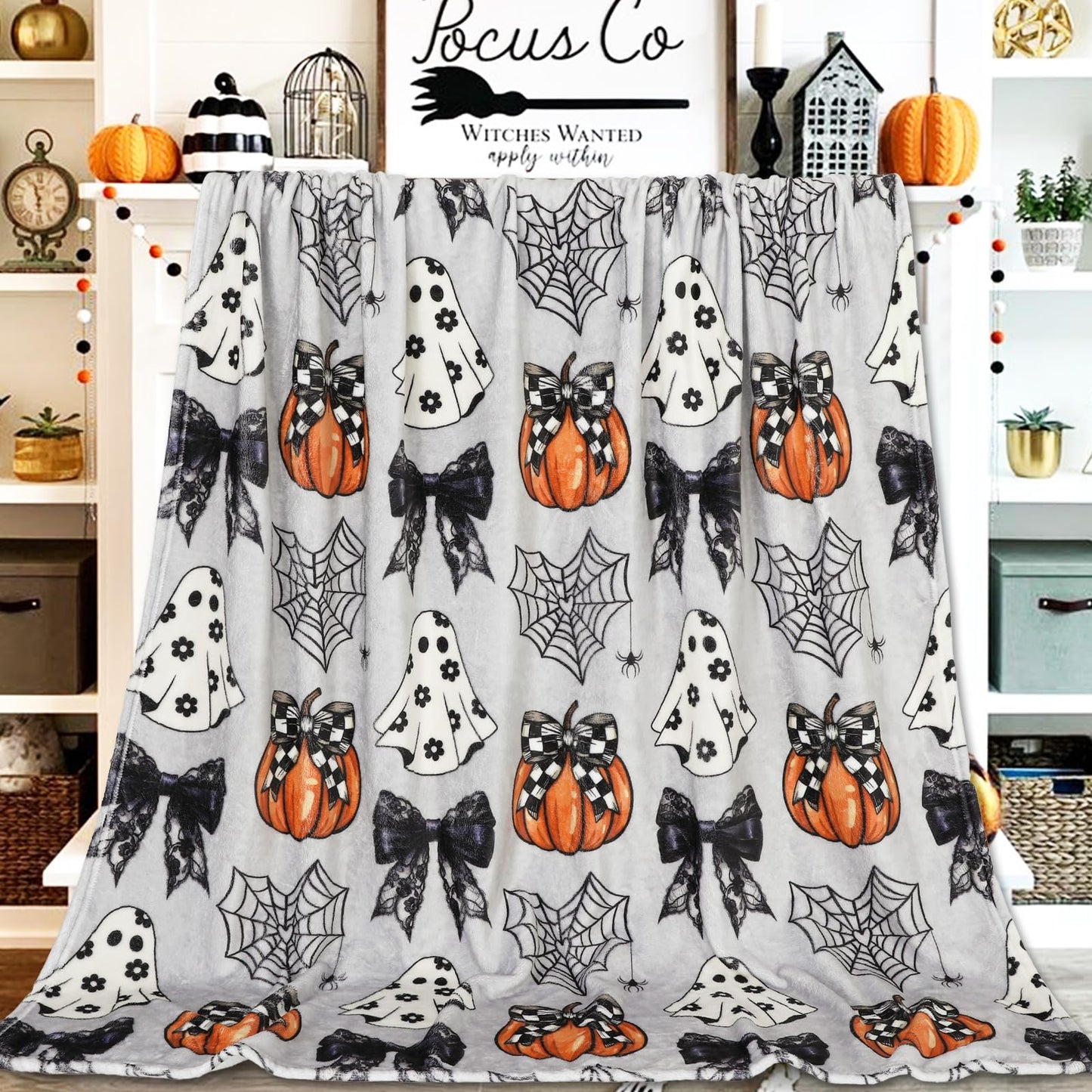 JarThenaAMCS Halloween Flannel Blanket 60 x 50 Inch Ghost Pumpkin Bow Decorative Throw Blanket Soft Gray Blanket for Home Chair Sofa Couch Bed