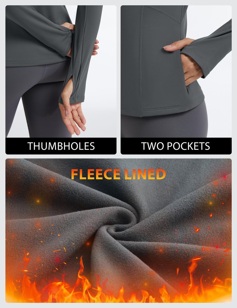 MathCat Thermal Shirts for Women Fleece Lined Long Sleeve Thermal Tops Base Layer Cold Weather Winter Gear Running Athletic Workout Underwear Zipper Pocket Grey