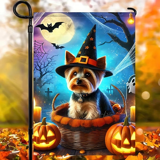 Halloween Garden Flag Yorkie Witch Hat Garden Flag Polyester 12x18 Inch Fall Winter Holiday Decor Outdoor Yard, Patio, Farmhouse Decoration No Flagpole