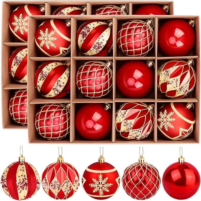 EveryMerry 24-Pack 3.1 Inch Christmas Ornaments Set - Red & Gold Ornament Balls with 5 Various Designs, Decorations with Strings, Sturdy, Kraft Box with Lid for Xmas Tree, Holiday Party & Home Decor