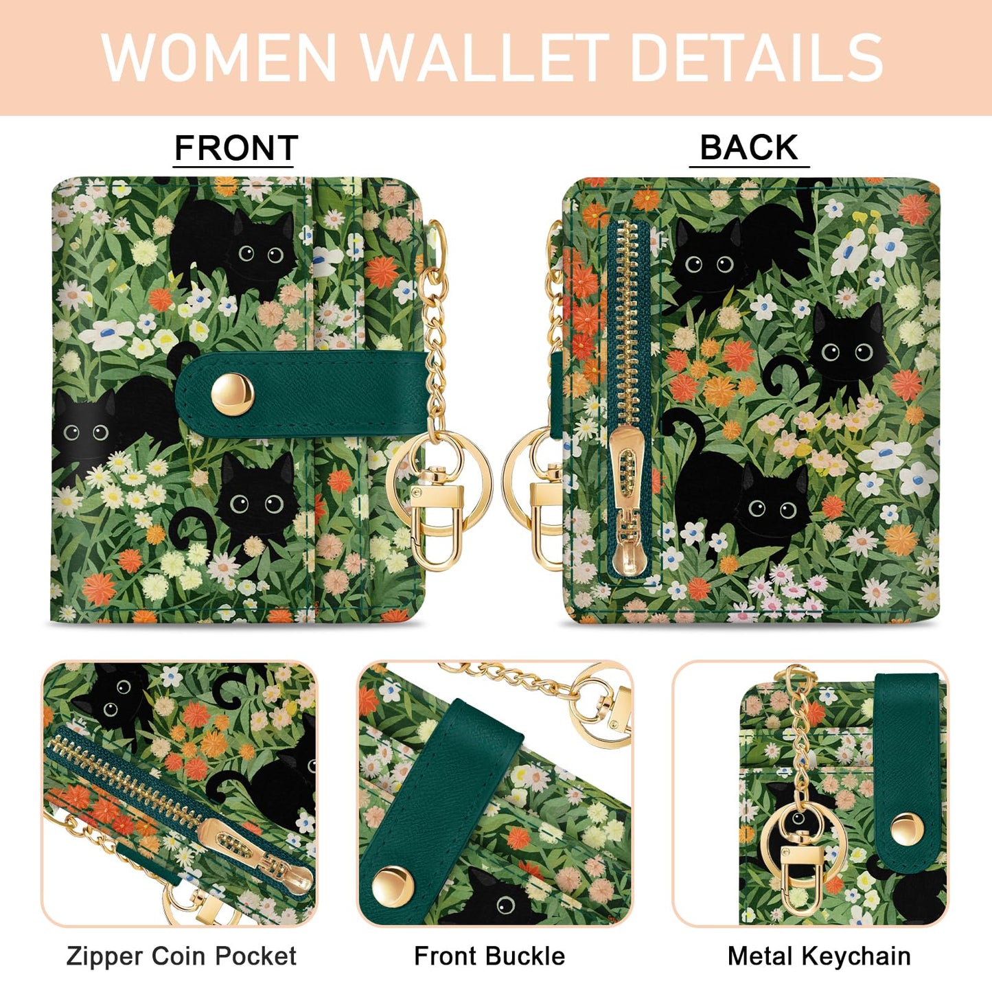 Jogjam Black Cat Floral Rfid Women Wallet, Small Slim Thin Credit Card Wallet, PU Leather Bifold Cash Zipper Coin Pocket ID Window for Female Ladies Teen Girls Girly