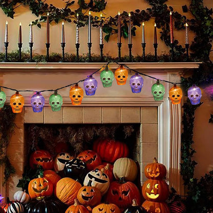 GOOTHY Halloween Skull String Lights 8.5Ft Outdoor Halloween Decorations Lights with 10 LED Orange Purple Green Skeleton Light, Plug in Skeleton Lights for Indoor Party Window Patio Bedroom Decor