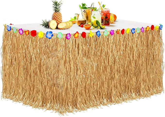 Aodaer Thickened Grass Table Skirt Natural with Hibiscus Flowers 400g Hawaiian Luau Tropical Party Decor Fringe Party Decoration for Costume Tiki Tropical Hawaii Moana Birthday, Straw Yellow