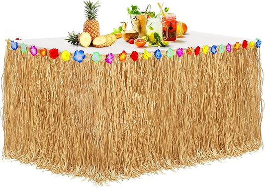 Aodaer Thickened Grass Table Skirt Natural with Hibiscus Flowers 400g Hawaiian Luau Tropical Party Decor Fringe Party Decoration for Costume Tiki Tropical Hawaii Moana Birthday, Straw Yellow