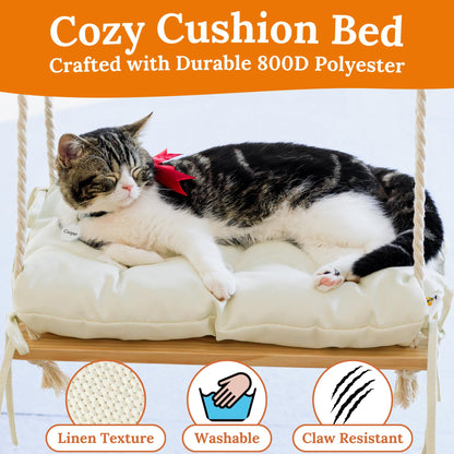 Cat Window Perch - Hammock Bed for Cats Inside - Solid Wood Seat, 4 Strong Suction Cups, Soft Cushion - Rustic Indoor Pet Shelf