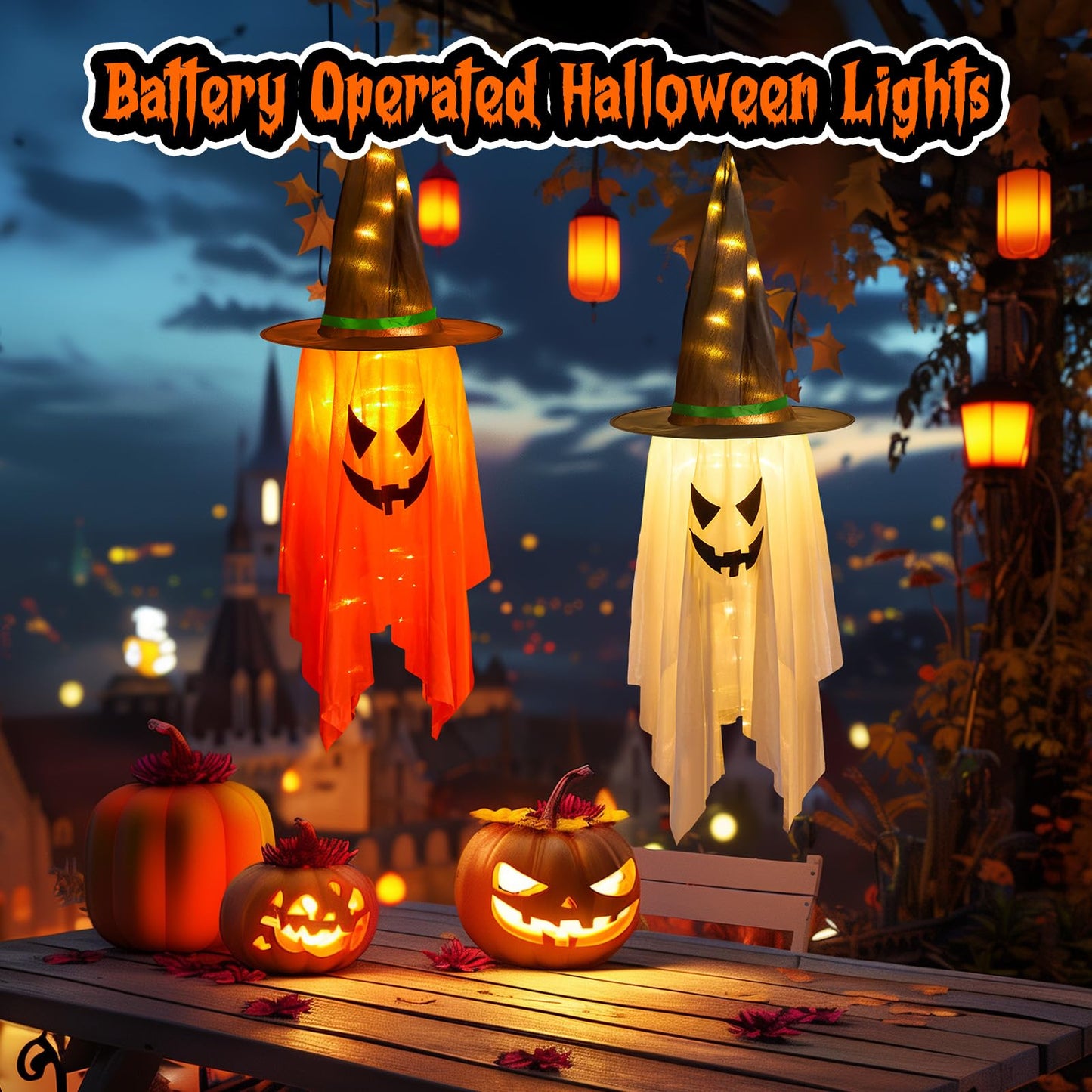 Minetom Halloween Lights Battery Operated, 2PC Large Hanging Witch Hats Lights, Total 40 LED Light up Witch Hat, Glowing Ghost Witch Hat Lights, Halloween Outdoor Decoration for Tree Indoor,Warm White