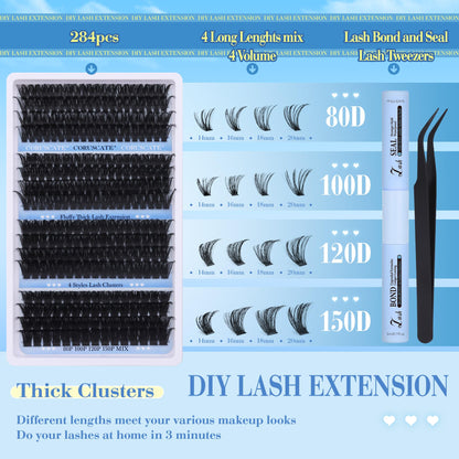 CORUSCATE Cluster Lashes Kit Long 14-20mm Eyelashes Individual Kit 80D-150D Thick Lashes Individual Cluster Russian Strip Lash D Curl DIY Lash Extension 284pcs with Lash Bond and Seal Tweezers