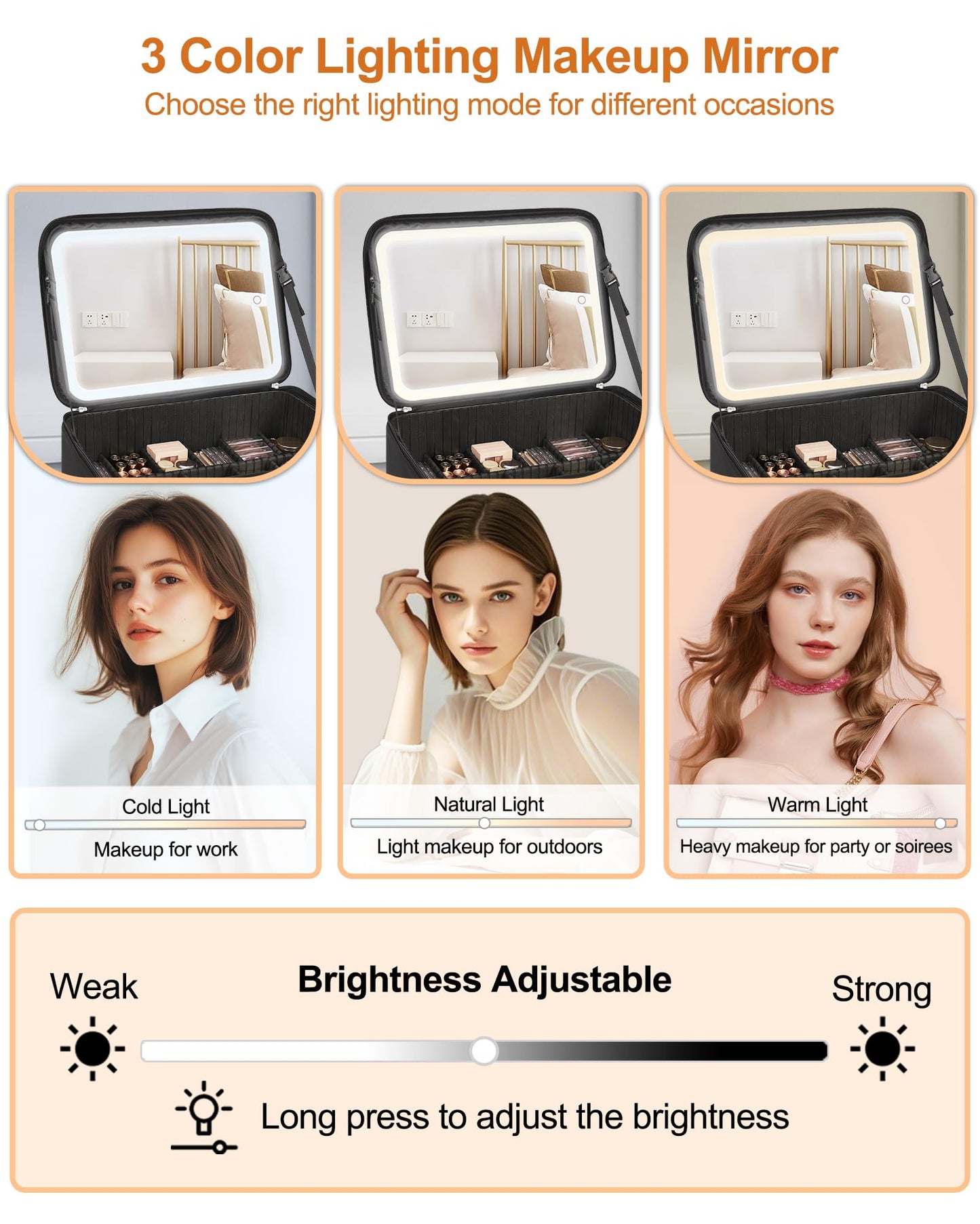 Relavel Travel Makeup Bag With LED Mirror, Cosmetic Train Case with Light up Mirror, Portable Makeup Artist Organizer Bag with Adjustable Dividers, Makeup Brush Holder Storage, Black