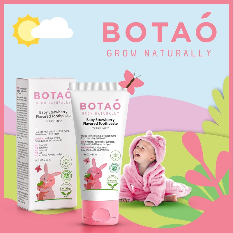 BOTAO Fluoride Free Baby Toothpaste | Strawberry Flavored - Organic Training Natural Toddler Toothpaste for Toddlers | EWG Verified, Vegan, SLS Free, Safe to Swallow, Aloe Vera -1.7Oz
