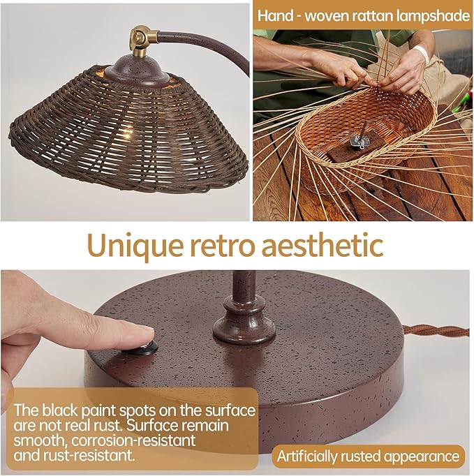 2 Pack Woven Rattan Bedside Table Lamp for Bedroom,Boho Plug in Handmade Rattan Shade&Anti-Rust Iron Base Desk Lamp,Plug & Play Vintage Dark Brown Nightstand Lamp for Living Room,Office【Bulb Included】