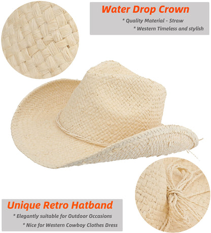 Melesh Adult Sun Straw Women Men Cowgirl Western Cowboy Hat Colored (Cream)