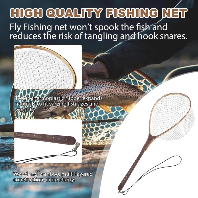 Aventik Fly Fishing Landing Net - Wooden Design with Magnet Release & Soft Rubber Bag | Great Fish Protection