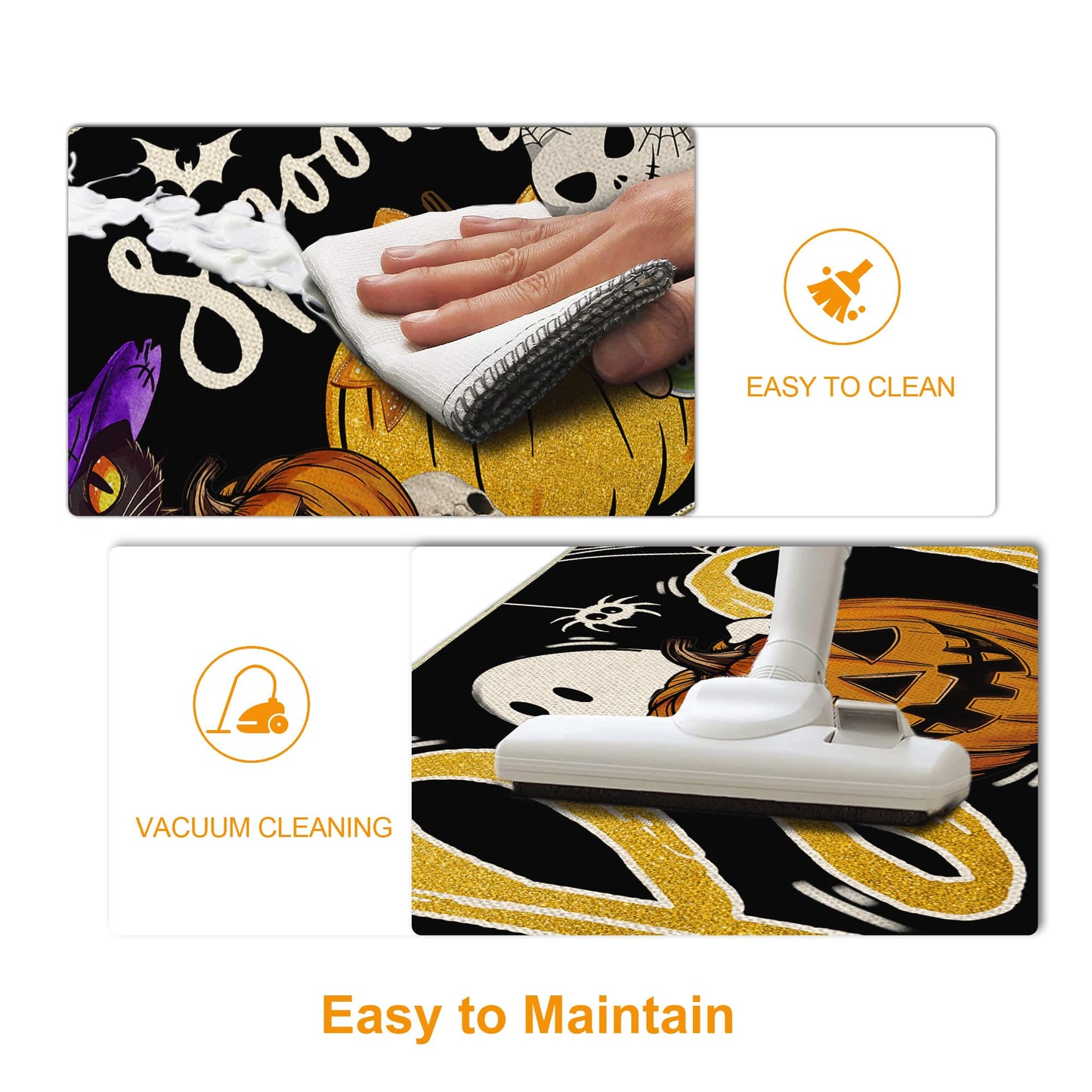 Unibyby Halloween Kitchen Mat Spooky Pumpkins Ghost Halloween Kitchen Mats for Floor, Boo Black Cat Kitchen Rugs and Mats Non Skid Washable Set of 2, Decorative Kitchen Decor 17x29 and 17x47 Inch